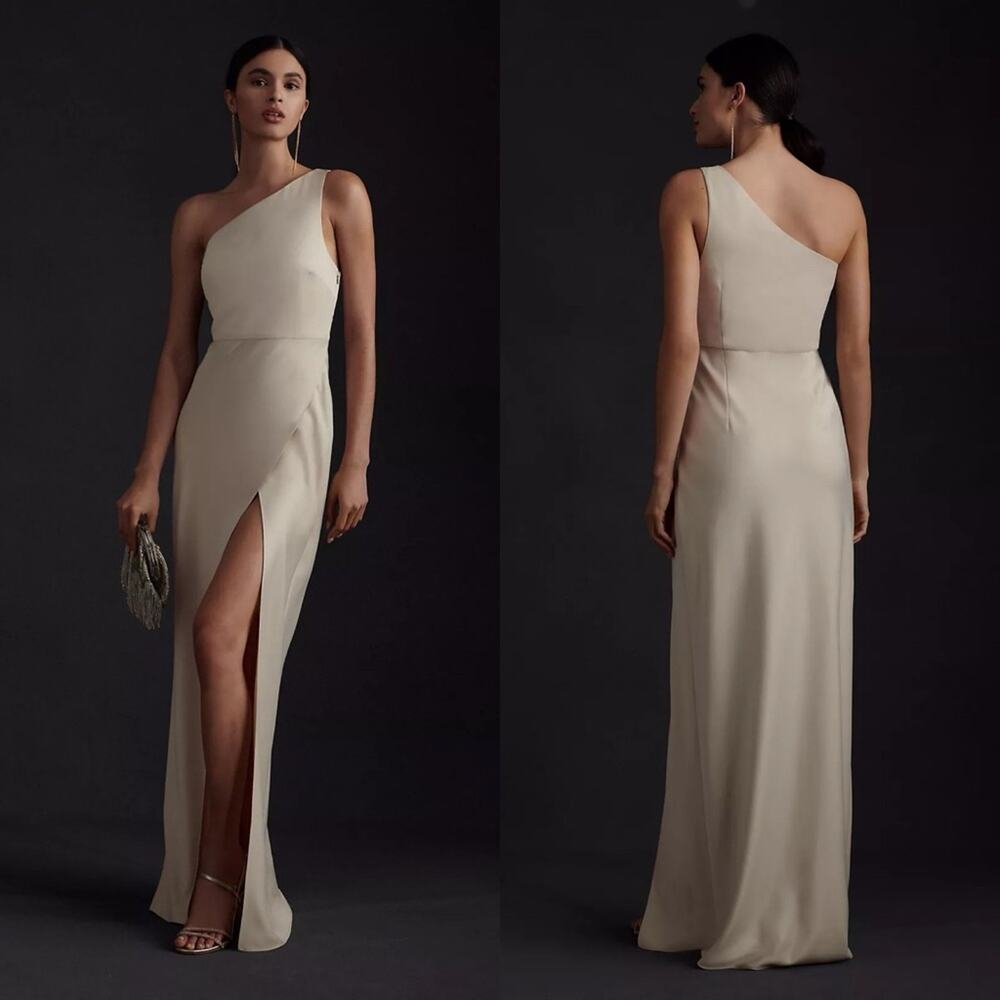 BHLDN Anthropologie Dylan One-Shoulder Satin Side Slit Gown Champagne Womens 8 - Picture 2 of 11